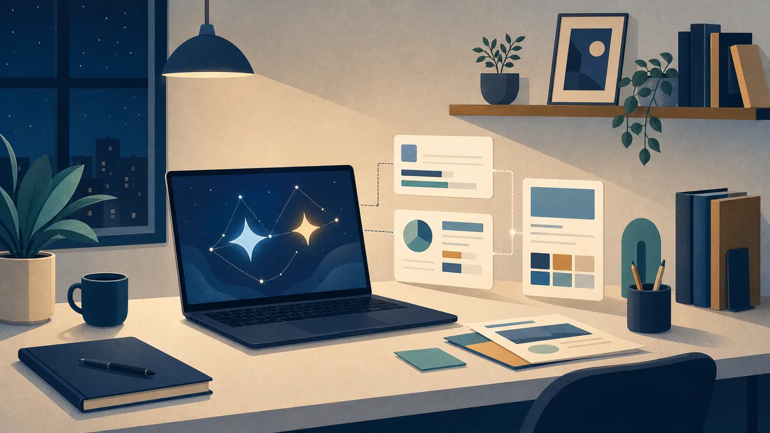 Illustration of the Gemini AI tool at work on a small business desk
