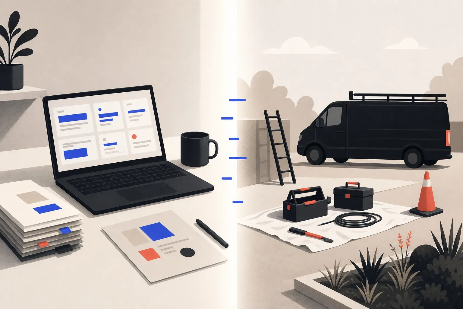 AI employee handling office tasks on one side, the hands-on work that needs a person on the other